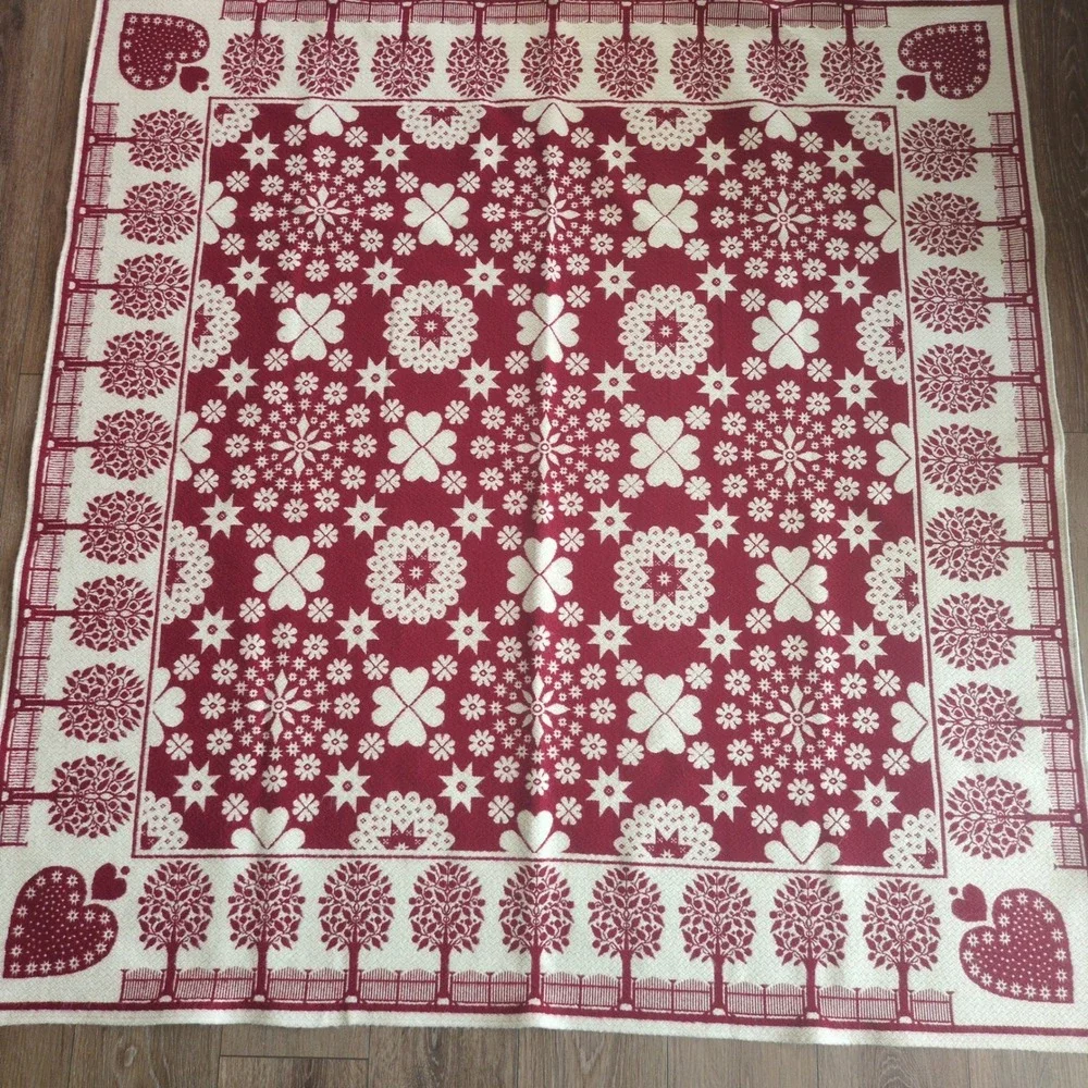 Jules Pansu Paris Folk Art Heart Tree Throw Blanket Red Cream Floral Geometric‎